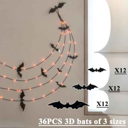 LITBLOOM Halloween Garland with Lights 6FT 80 Orange and Warm White Fairy Lights, Lighted Black Garland Battery Operated with Timer Lit Bats for Wall Porch Decoration