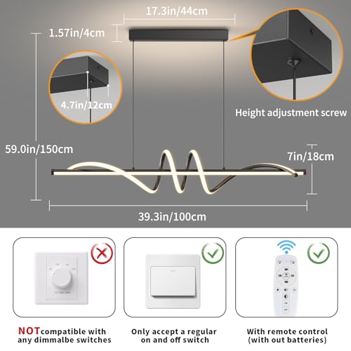 A-Black 39in Dimmable LED Pendant Light with Remote Control - Adjustable Color Temperature for Kitchen & Dining