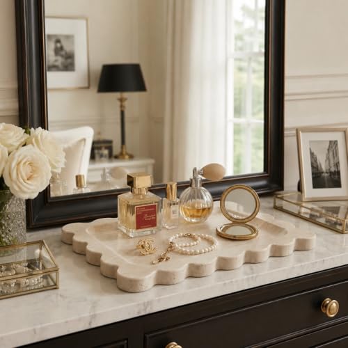 Koville Travertine Vanity Tray 11"x7.9" Beige Natural Stone Organizer for Bathroom & Kitchen