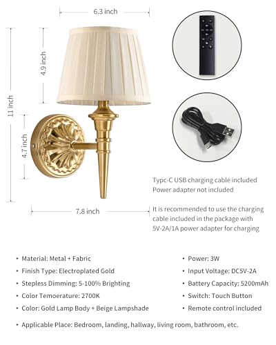 Gold & Beige Cordless Wall Sconces Set of 2 - Dimmable Fabric Lamps with Remote