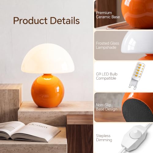 Dawnwake Orange Mushroom Table Lamp - Small Dimmable Bedroom Night Light