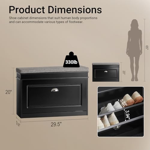 Haotian Shoe Storage Bench with Cushion - Black, 1 Drawer, 29.5x9.4x20"