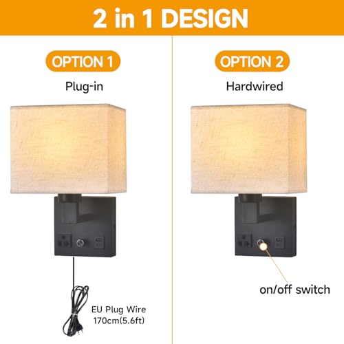 Black Wall Sconce Lamp with Fabric Shade and Dimmable Switch - Bedside Wall Light with USB & AC Outlet