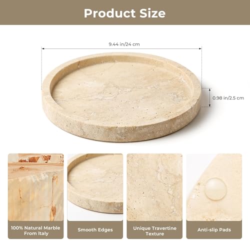 Natural Beige Marble Vanity Tray - 9.44 Inch Round Bathroom & Kitchen Organizer