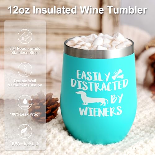 Lifecapido Dachshund Insulated Wine Tumbler 12oz Aqua Blue - Funny Dog Mom Gift