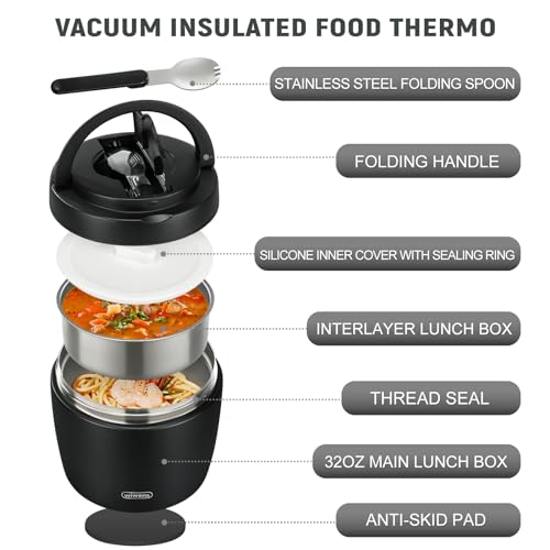 Wiwens 32oz Thermo Food Jar Black - Insulated Leakproof Soup Bento Container with Spoon
