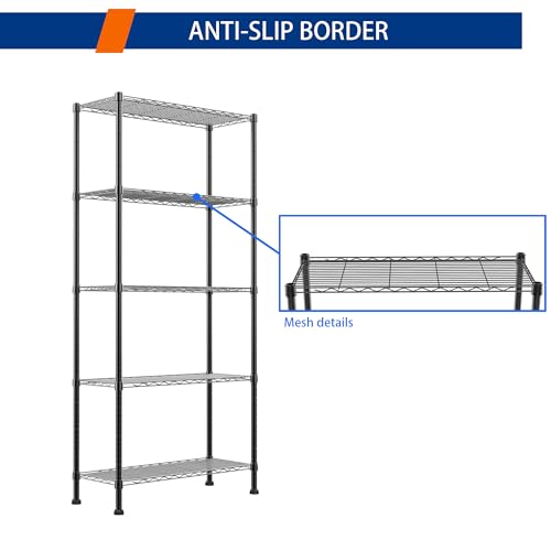 Adjustable Wire Shelving Storage Rack - Black, 5 Tiers, 14.1"D x 30"W x 79"H