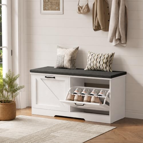 Farmhouse Shoe Storage Bench with Seat Cushion & Adjustable Flip Drawers - 39.4W x 11.8D x 19.7H