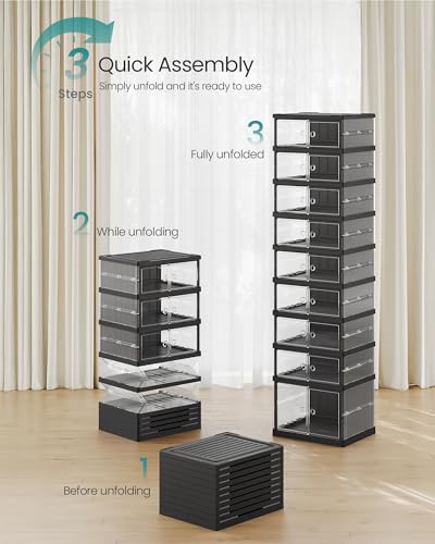 SONGMICS Foldable Shoe Storage Organizer 9-Tier Transparent + Ink Black, Holds 18 Pairs