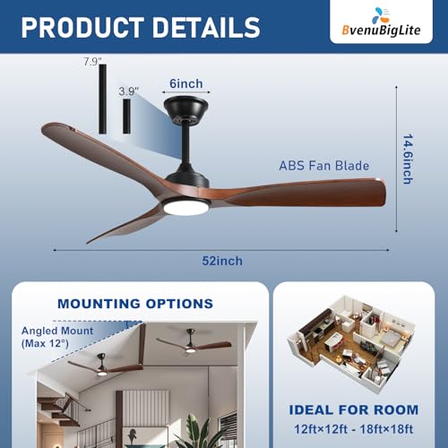 BvenuBigLite Walnut 52-Inch Outdoor Ceiling Fan with Dimmable Light & Remote
