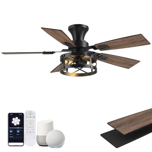 42-Inch Smart Farmhouse Ceiling Fan with Lights & Remote - Black Walnut, Flush Mount, Alexa Compatible