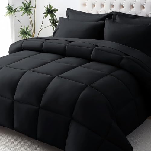 Full Comforter Set with Sheets & Pillowcases - Black / Full (86"x82") - 7 Piece Bed in a Bag