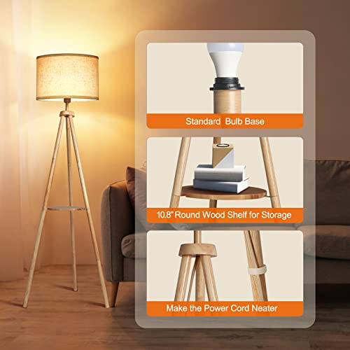 Wood Tripod Floor Lamp with Shelves - Mid Century Dimmable Standing Lamp with Remote Control and 4 Color Temperatures