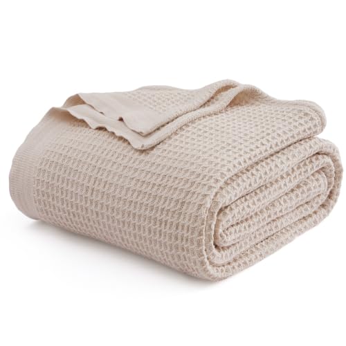 Bedsure King Size Beige Cotton Waffle Weave Blanket - 104x90 Inches, Breathable & Soft