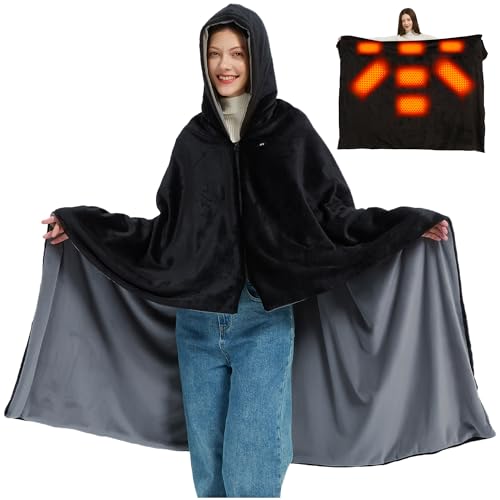CYCYHEAT Black Large Heated Blanket Poncho Shawl 63x47in Cordless Battery-Powered