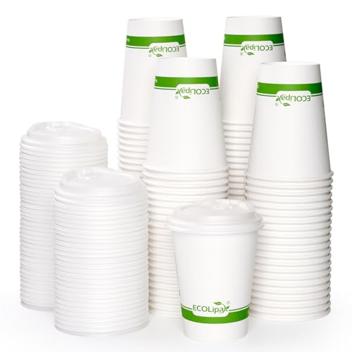 ECOLipak 12 oz Compostable Paper Coffee Cups with CPLA Lid - Pack of 100