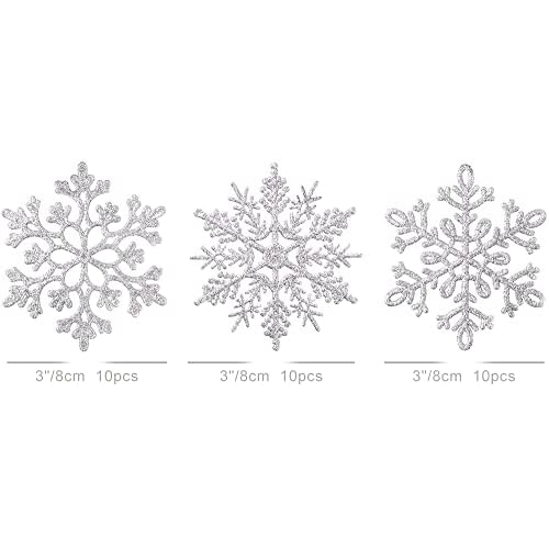 XmasExp 80mm/3inch Glitter Snowflake Ornaments Set Mini Christmas Tree Hanging Plastic Decoration for Xmas Party Wedding Anniversary Window Door Home Accessories (30pcs,Silver)