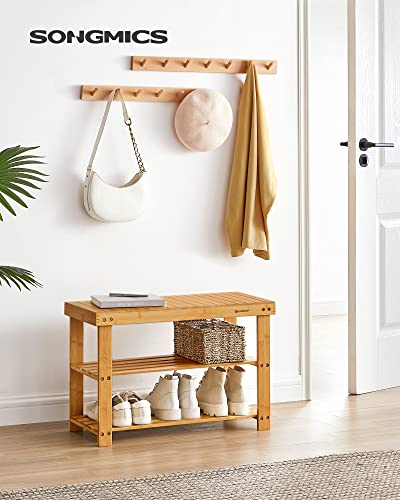 SONGMICS Light Bamboo 3-Tier Shoe Rack Bench - Entryway Storage Organizer