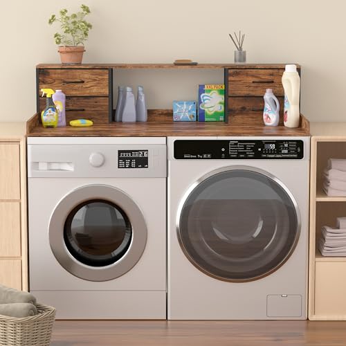Unionly 2-Tier Washer and Dryer Countertop with Fabric Drawers - Rustic Brown