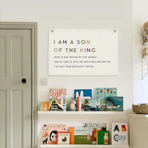 Lacama Christian Wall Decor for Boys Room,Baby Boys Nursery Decor,Bible Verse Wall Linen Hanging Banner Flags,I Am The Son of A King Neutral Wall Decor,Birthday Christmas Gift 30x20 Inch
