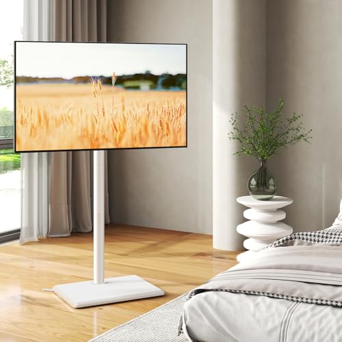 TVON Universal Floor TV Stand with Mount for 32-65 Inch TVs, White Wooden Base
