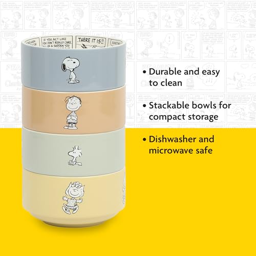 Peanuts Snoopy Bonbon Bites Decorated Stackable Ceramic Bowls Set - 4 Pack, 5.5-Inch, Microwave & Dishwasher Safe