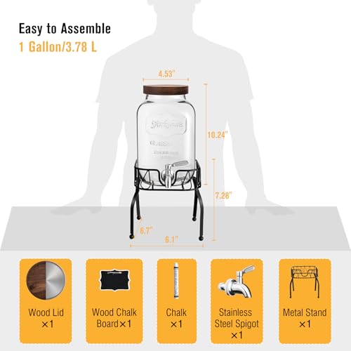 Mustry 1 Gallon Glass Drink Dispenser with Stand & Acacia Lid - Single