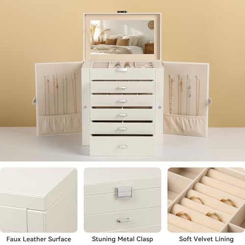 Pearl White 6-Layer Jewelry Box for Women, Large Organizer with Mirror & Drawers