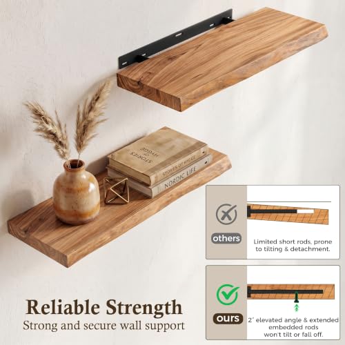 24in Live Edge Floating Shelves, 8" Deep Natural Wood Wall Shelf