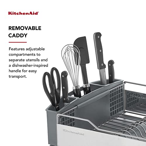KitchenAid Large Capacity Full Size Rust-Resistant Dish Rack Grey - Angled Drainboard & Removable Flatware Caddy