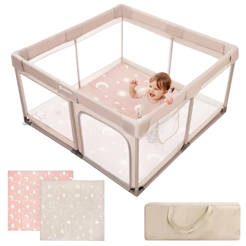 Baby Playpen with Mat - 50x50 Inch Small Play Yard for Toddlers, Indoor Safety Mesh Barrier - Beige (Variation of THIS listing)