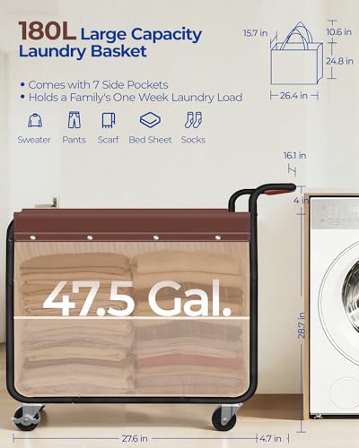 Kayfia Beige 180L Rolling Laundry Hamper with Removable Waterproof Bag and 7 Side Pockets