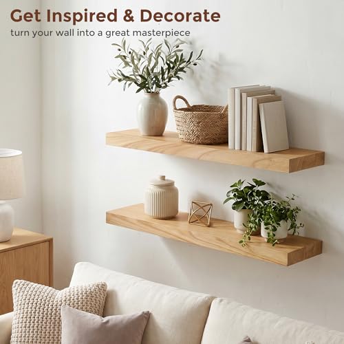 Natural Wood Floating Shelves 24 Inch Set of 2 - Wall Mount Storage