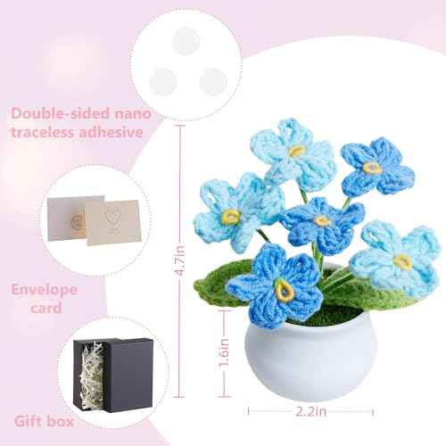 Crochet Flowers Cute Handmade Knitted Potted Gradient Blue Forget Me Not Flower Gifts for Women Coworkers Teacher Birthday Anniversary Christmas Decor for Home Room Office Desk Accessories