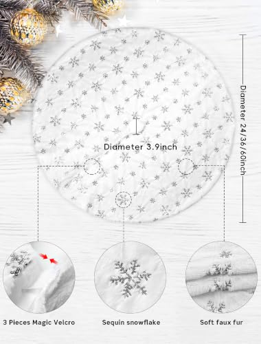 COOLWUFAN 24-Inch Silver Faux Fur Christmas Tree Skirt with Sequin Snowflakes