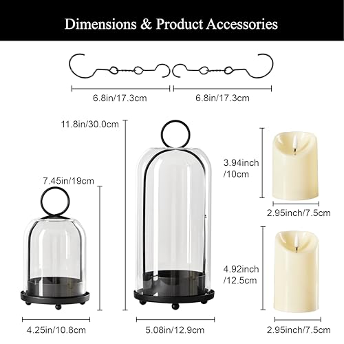 Black Metal Candle Holder with Glass Dome & Timer Candles - Set of 2