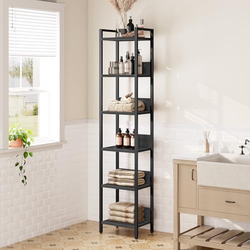 6-Tier Bookshelf for Small Spaces - Black Metal & Wood Storage Shelf