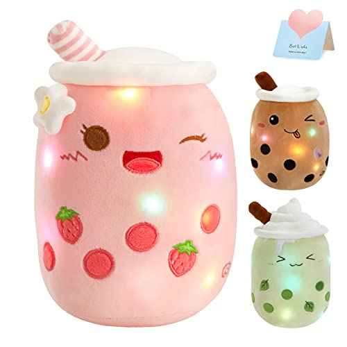 Athoinsu Light Up Strawberry Boba Tea Soft Plush Pillow 10'' Kawaii Milky Tea Stuffed Bubble Animal Toy with LED Lights Birthday Christmas Holiday Valentines Gifts for Kids,Girls,Boys