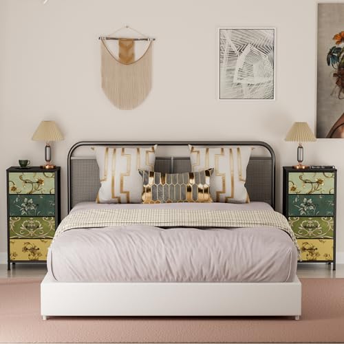 Furnulem 4 Drawer Dresser - Vintage Fabric Nightstand with Wooden Top - 11.8 x 15.8 x 31.5 Inches