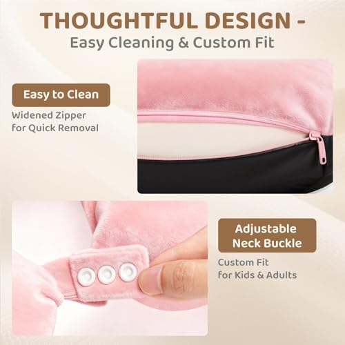 Mewaii Pink Travel Neck Pillow with Hood - Memory Foam & Privacy Cover