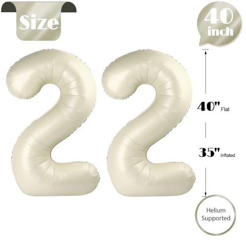 Cream Number 22 Balloon 40 inch, 22 Number Balloons, 22nd Cream Birthday Decorations, 22 Year Old Women Men White Party Supplies