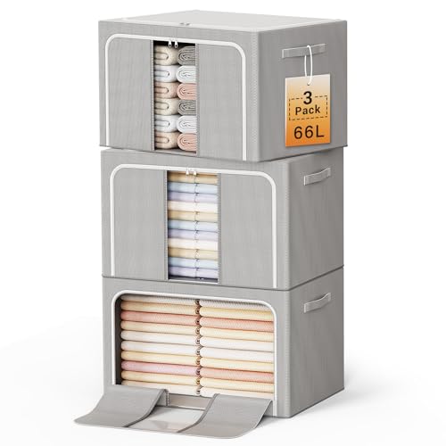 Light Gray Foldable Clothes Storage Bins with Metal Frame 66L - 3 Pack