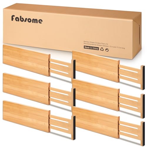 Fabsome Bamboo Drawer Dividers 6 Pack for 17-22 Inch Deep Drawers – Adjustable Baby & Clothing Organizer