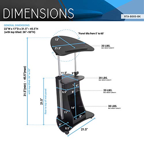 Black Adjustable Height Rolling Laptop Cart with Storage and Locking Casters