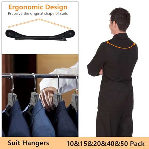 Black Plastic Extra Wide Suit Hangers Pack of 15 with Notched Shoulders & Metal Hooks