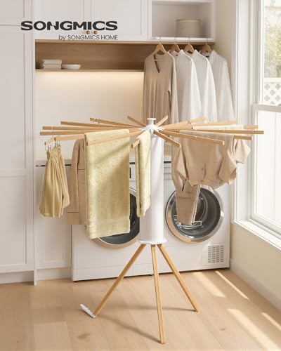 SONGMICS Foldable Clothes Drying Rack with 16 Beech Wood Arms - Rotary Tripod, Space-Saving