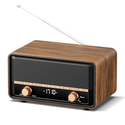 Vintage Wooden Bluetooth Clock Radio with AM/FM Reception - Deep Walnut