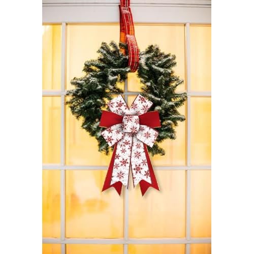 Hying 2 Pieces Christmas Bows for Wreath, Christmas Wreath Bow Glitter Red White Snowflake Bows Winter Xmas Tree Craft Bows Ornaments for Front Door New Year Christmas Party Decoration Supplies