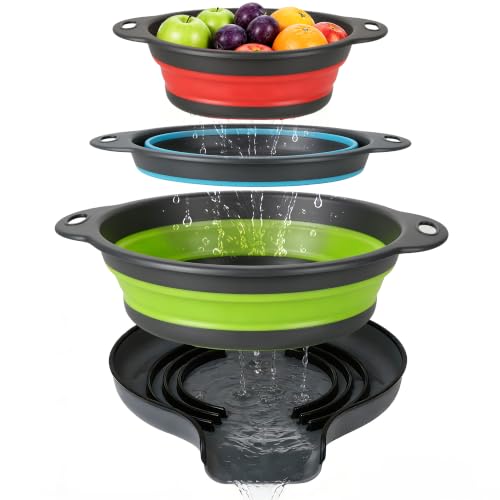 Multicolor Collapsible Kitchen Colander Set with Self-Draining Base – 3QT, 4QT, 5QT