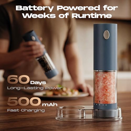 Rechargeable Electric Salt and Pepper Grinder Set - Blue 2-Pack with Adjustable Coarseness
